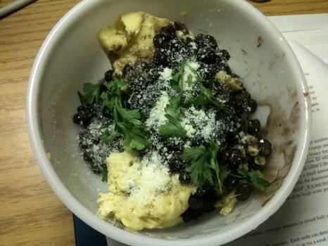 Lunch: polenta and black beans with fresh parsley and Romano cheese Lunch: polenta and black beans with fresh parsley and Romano cheese